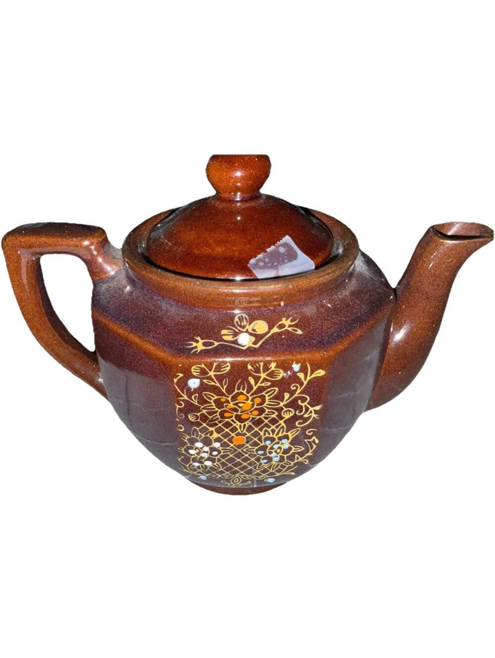 Vtg Moriage Hand Painted Japanese Teapot | Brown Glazed Floral Beaded Earthware